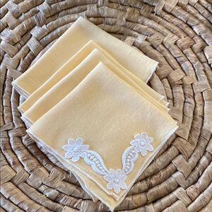 Elegant Vintage Yellow 9” Napkins with Floral Appliqué Embroidery!